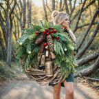 Boho Christmas Wreath with Rustic Vine Base, Pinecones and Golden Bells