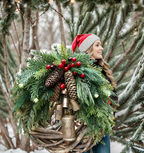 Boho Christmas Wreath with Rustic Vine Base, Pinecones and Golden Bells