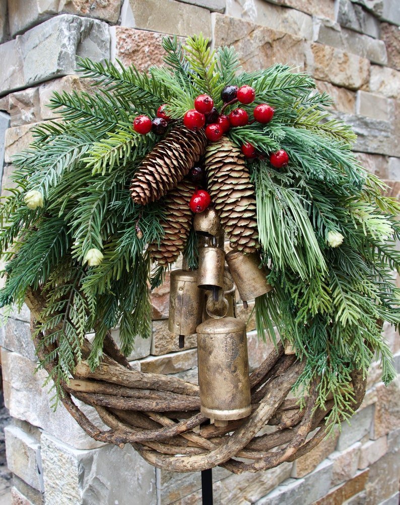 Boho Christmas Wreath with Rustic Vine Base, Pinecones and Golden Bells