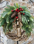 Boho Christmas Wreath with Rustic Vine Base, Pinecones and Golden Bells