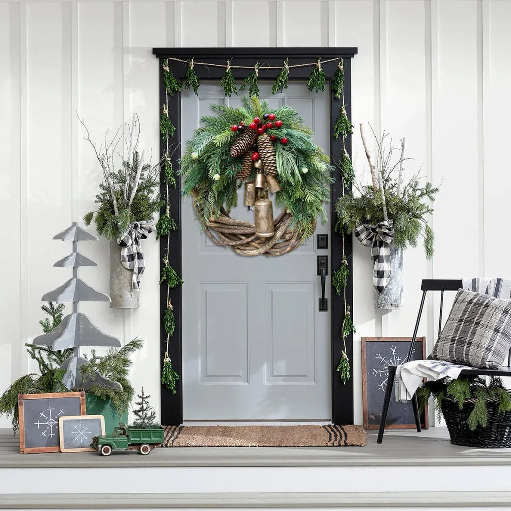 Boho Christmas Wreath with Rustic Vine Base, Pinecones and Golden Bells