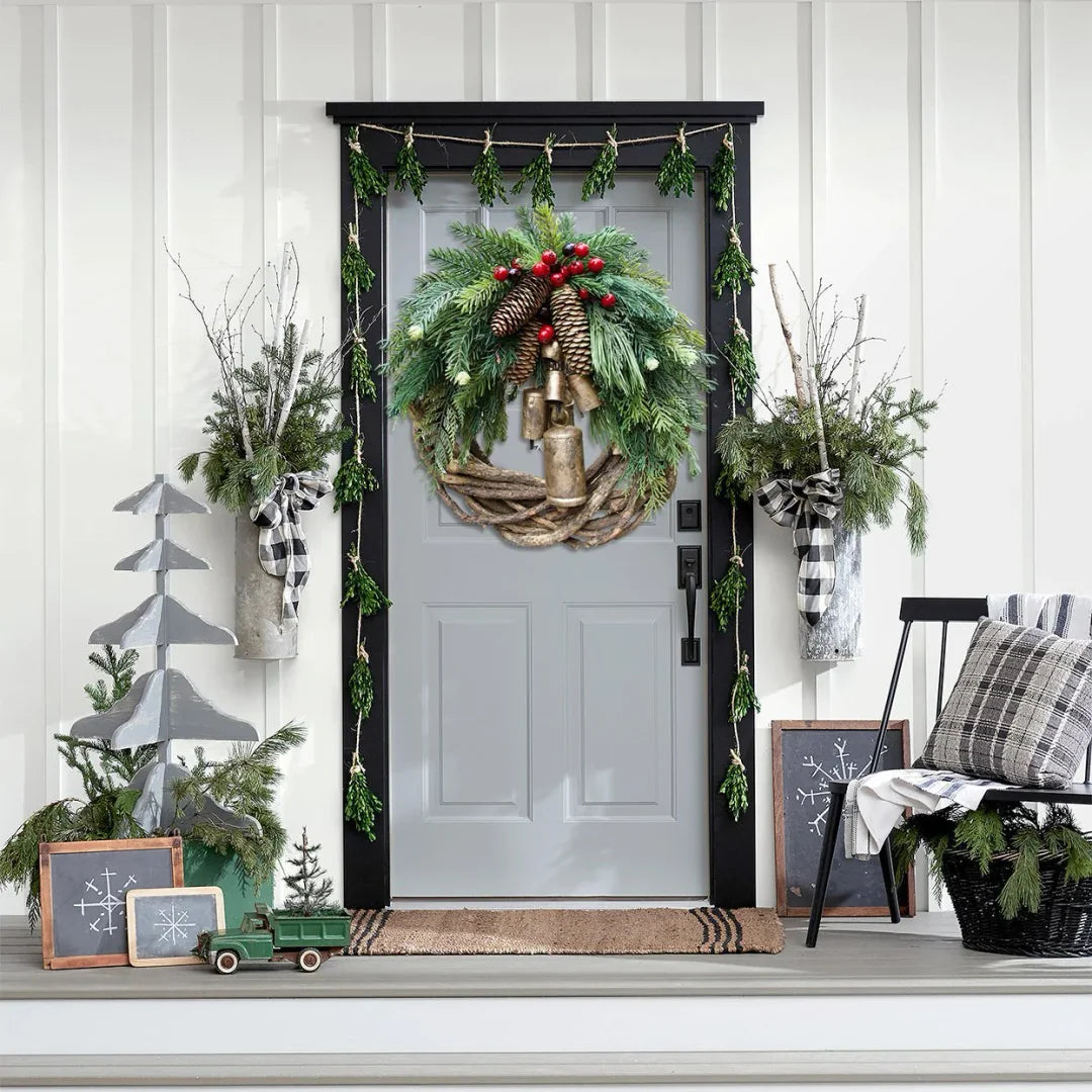 Boho Christmas Wreath with Rustic Vine Base, Pinecones and Golden Bells