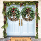 Boho Christmas Wreath with Rustic Vine Base, Pinecones and Golden Bells