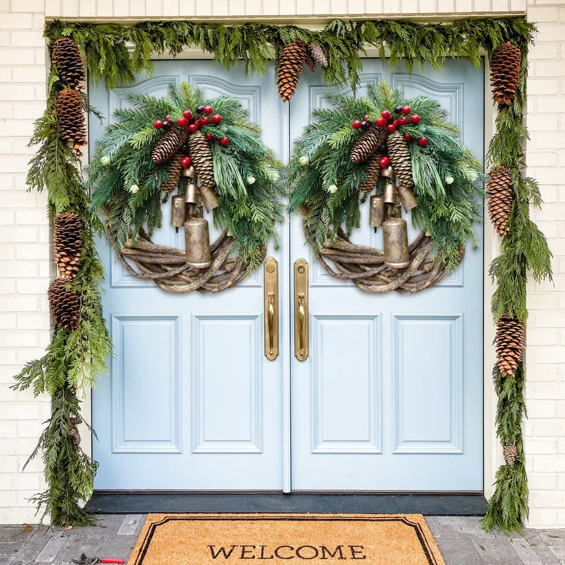 Boho Christmas Wreath with Rustic Vine Base, Pinecones and Golden Bells
