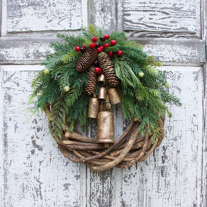 Boho Christmas Wreath with Rustic Vine Base, Pinecones and Golden Bells