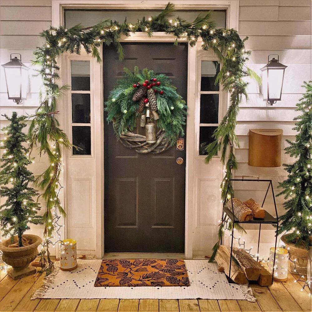 Boho Christmas Wreath with Rustic Vine Base, Pinecones and Golden Bells