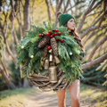 Boho Christmas Wreath with Rustic Vine Base, Pinecones and Golden Bells
