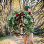 Boho Christmas Wreath with Rustic Vine Base, Pinecones and Golden Bells