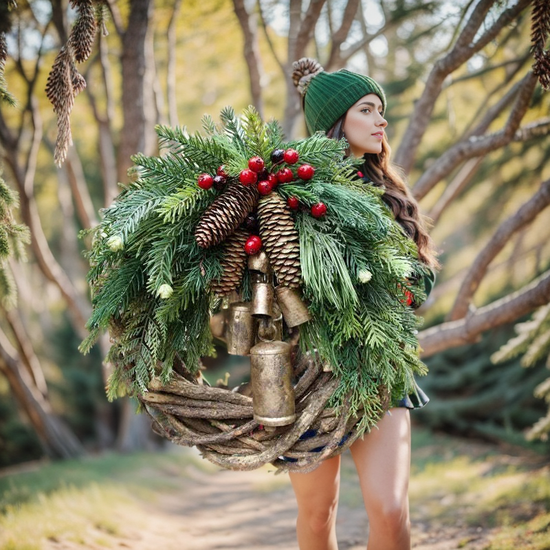 Boho Christmas Wreath with Rustic Vine Base, Pinecones and Golden Bells