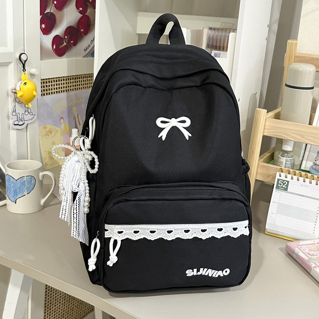 Bow-Embellished Multi-Pocket School Backpack