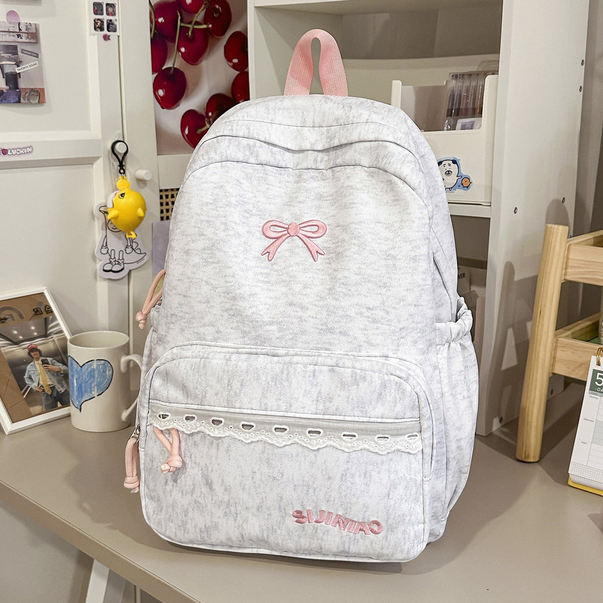 Bow-Embellished Multi-Pocket School Backpack