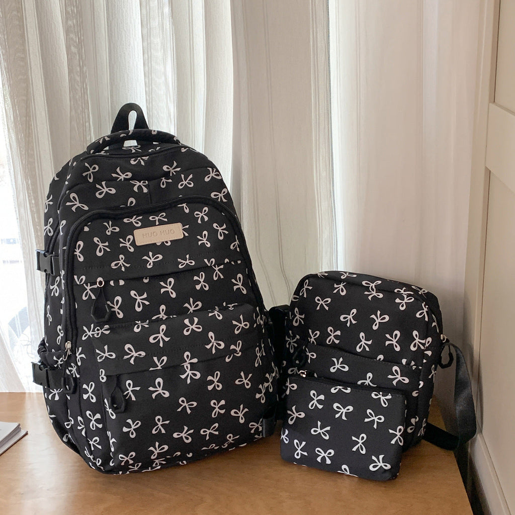 Bow Print Backpack with Multiple Pockets and Padded Shoulder Straps