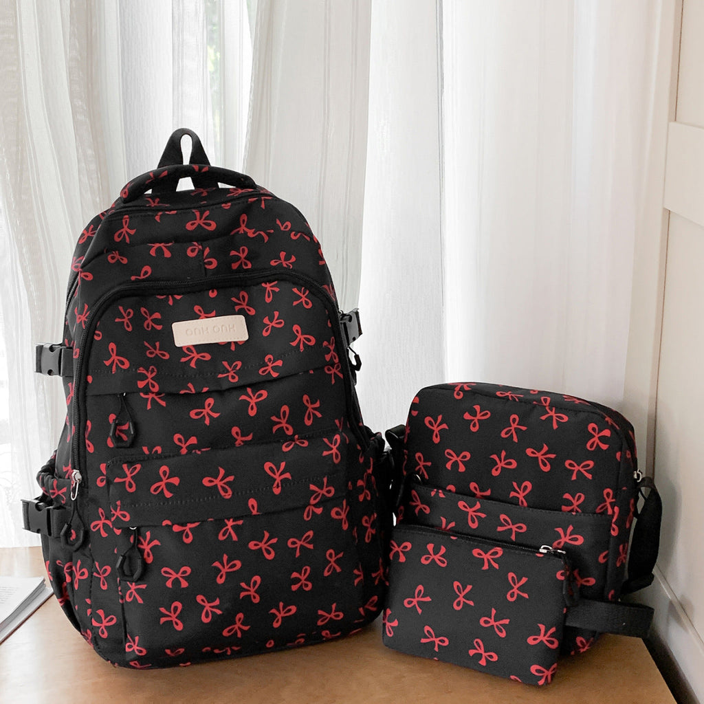 Bow Print Backpack with Multiple Pockets and Padded Shoulder Straps