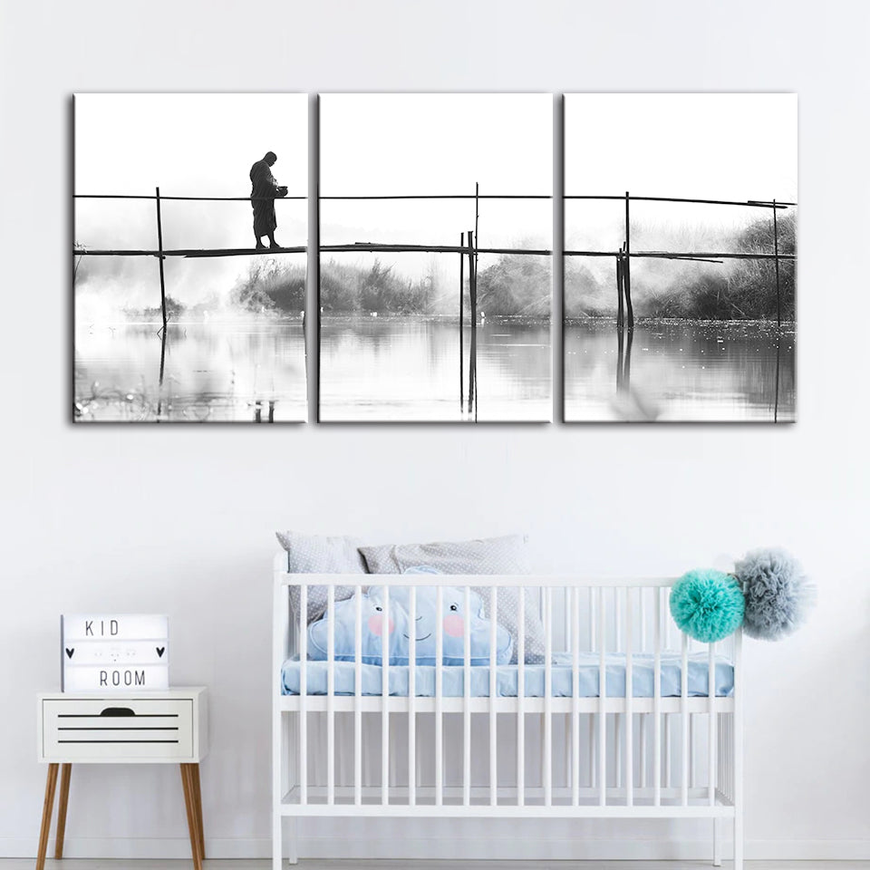 Monochrome Bridge Walking Canvas Art - 3 Piece Set | Welvere-Welvere