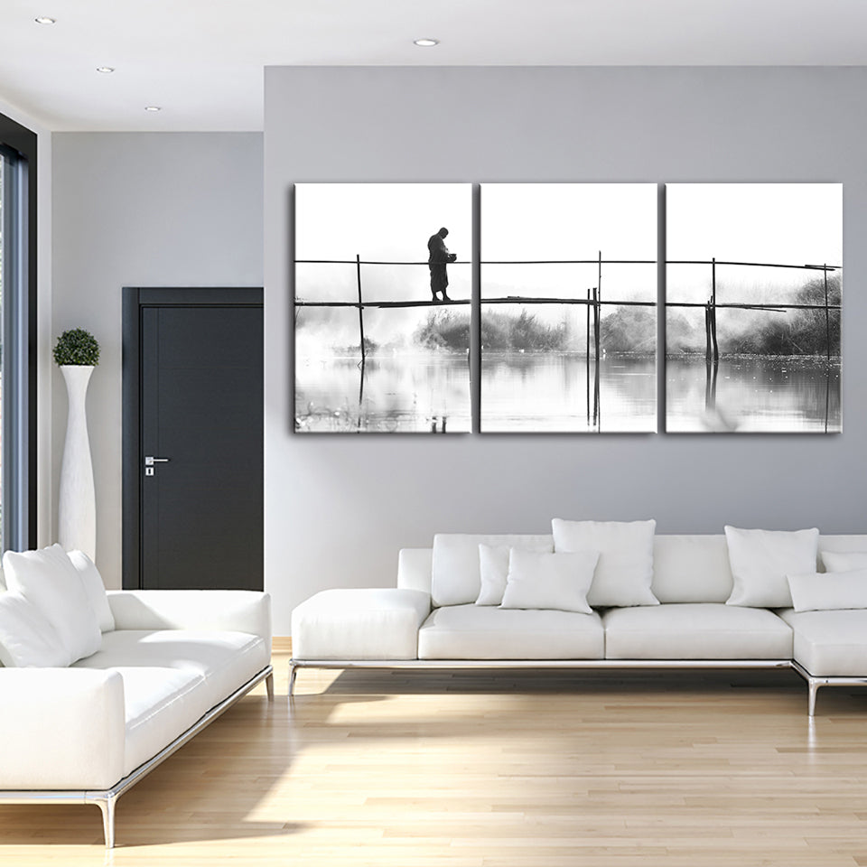 Monochrome Bridge Walking Canvas Art - 3 Piece Set | Welvere-Welvere
