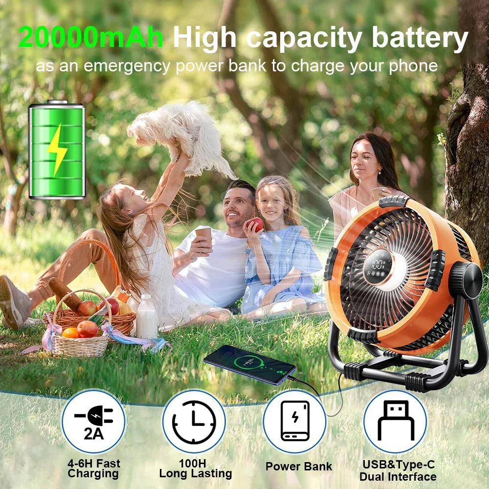 Camping Fan with 20,000mAh Battery for Outdoor Use - LED Light, Remote Control, view 4