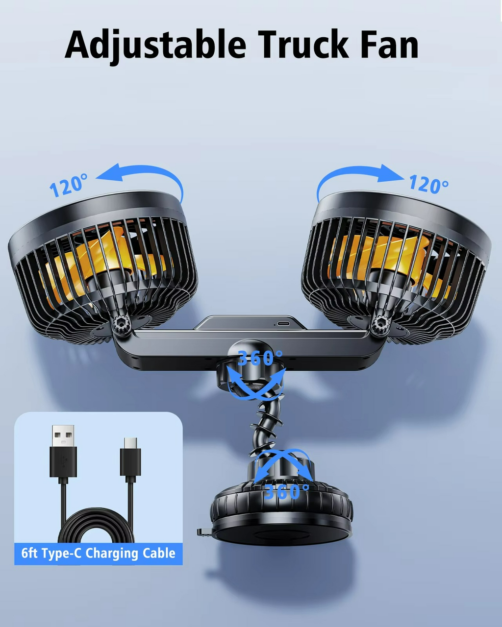 Car Fan, 4000 mAh Rechargeable Battery, 3 Speeds