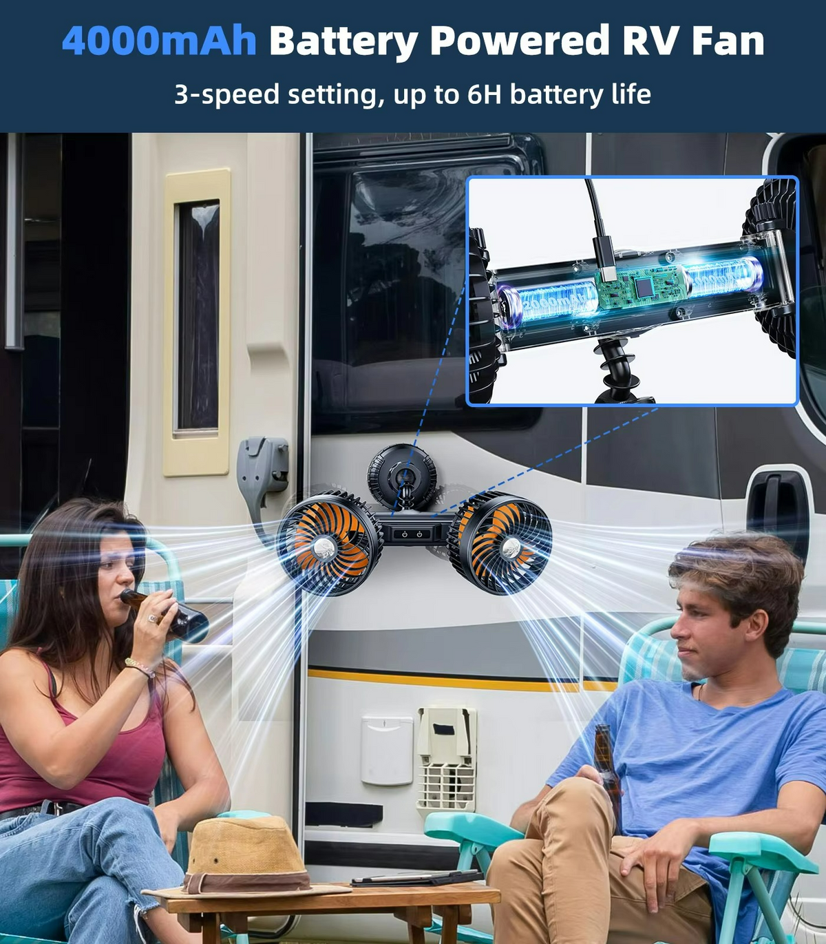 Car Fan, 4000 mAh Rechargeable Battery, 3 Speeds