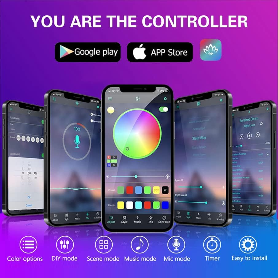 Car Interior LED Light Strips with Remote or App Control
