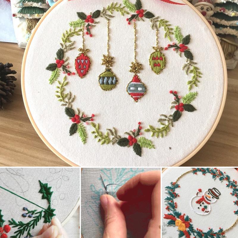 Christmas Hand Embroidery Kit with Printed Canvas and Display Hoop