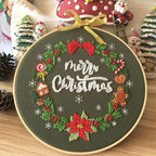 Christmas Hand Embroidery Kit with Printed Canvas and Display Hoop