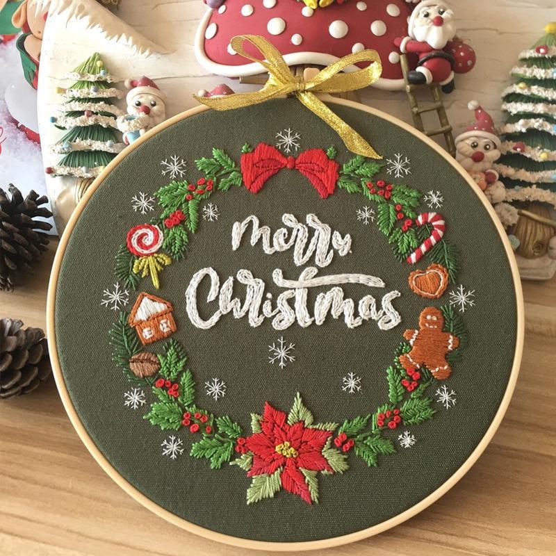 Christmas Hand Embroidery Kit with Printed Canvas and Display Hoop