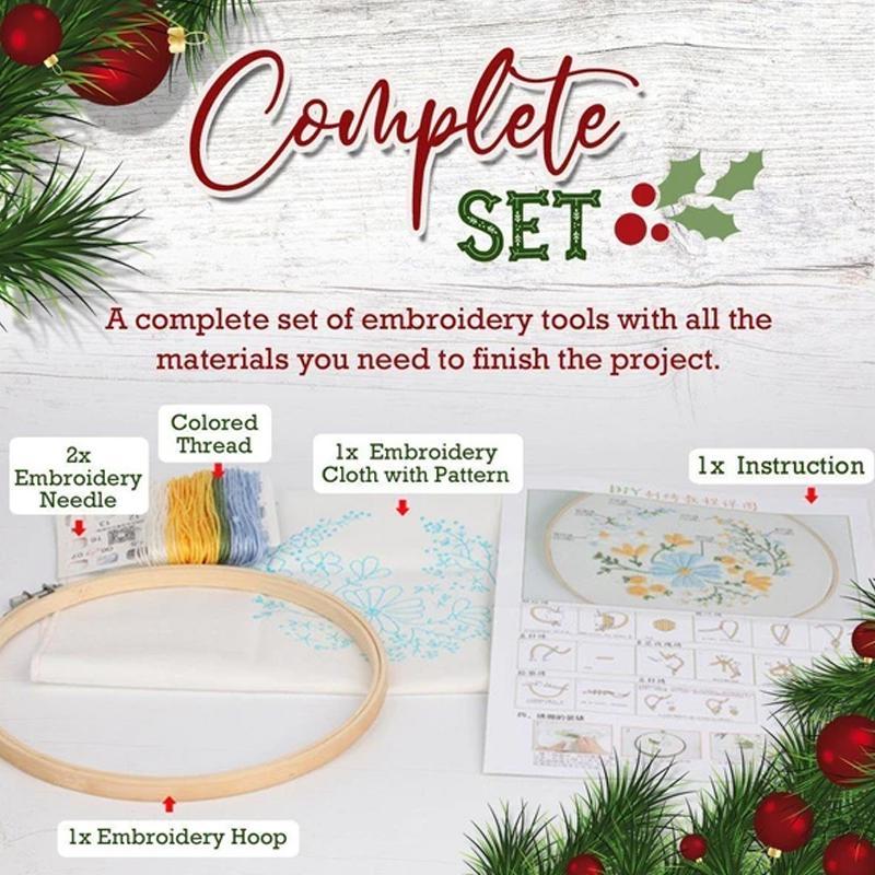 Christmas Hand Embroidery Kit with Printed Canvas and Display Hoop