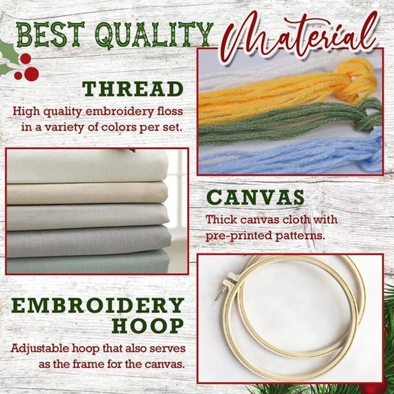 Christmas Hand Embroidery Kit with Printed Canvas and Display Hoop
