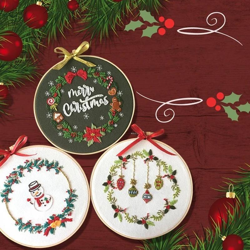 Christmas Hand Embroidery Kit with Printed Canvas and Display Hoop