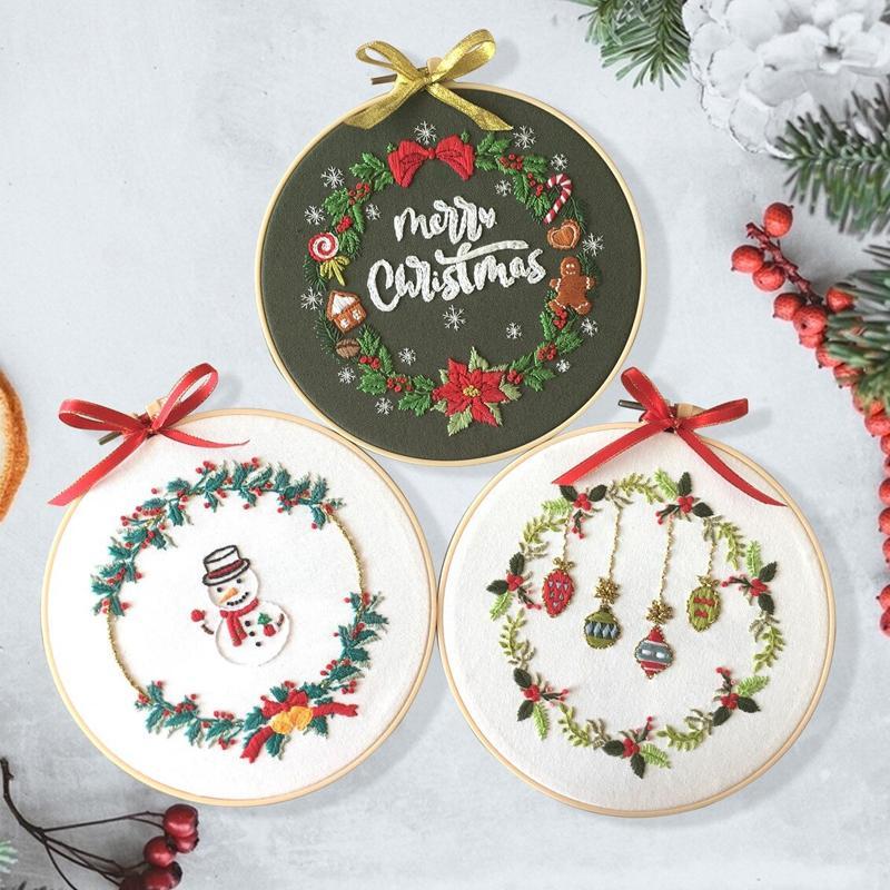 Christmas Hand Embroidery Kit with Printed Canvas and Display Hoop