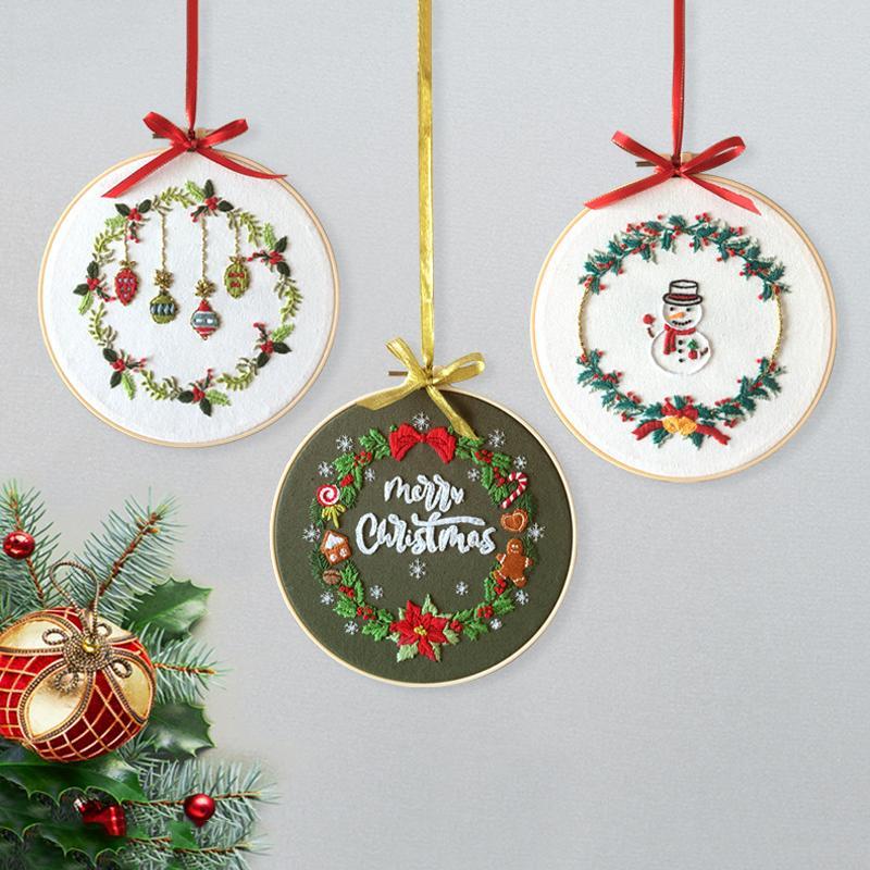 Christmas Hand Embroidery Kit with Printed Canvas and Display Hoop