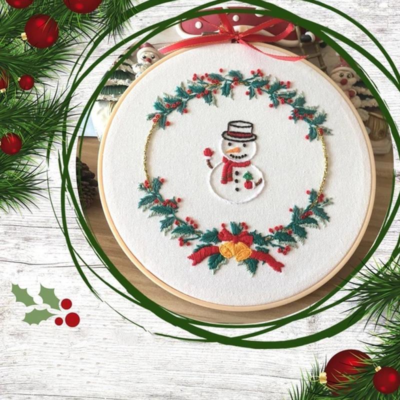 Christmas Hand Embroidery Kit with Printed Canvas and Display Hoop