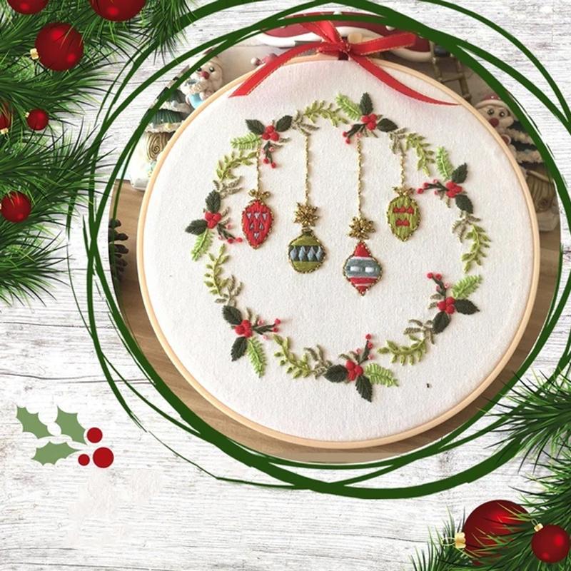 Christmas Hand Embroidery Kit with Printed Canvas and Display Hoop