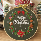 Christmas Hand Embroidery Kit with Printed Canvas and Display Hoop