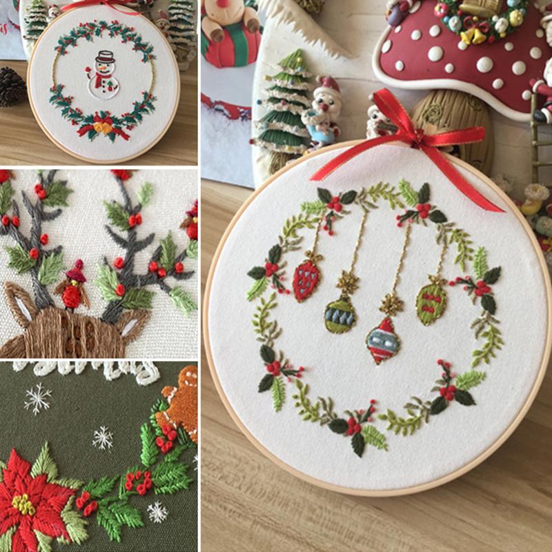 Christmas Hand Embroidery Kit with Printed Canvas and Display Hoop