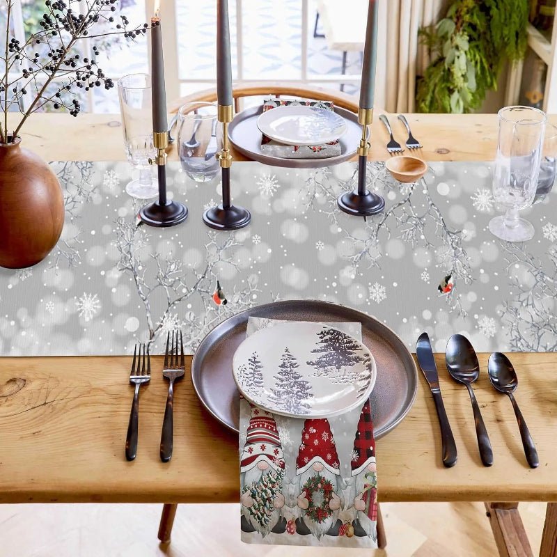 Christmas Linen Table Runner with Snowflake and Gnome Motif