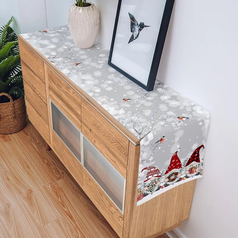 Christmas Linen Table Runner with Snowflake and Gnome Motif