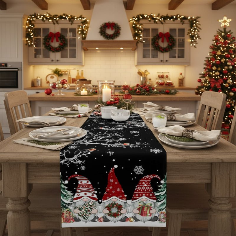 Christmas Linen Table Runner with Snowflake and Gnome Motif