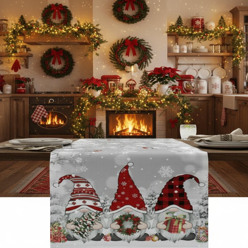 Christmas Linen Table Runner with Snowflake and Gnome Motif