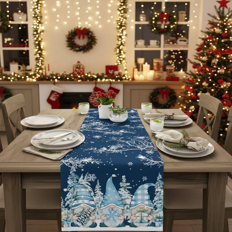 Christmas Linen Table Runner with Snowflake and Gnome Motif