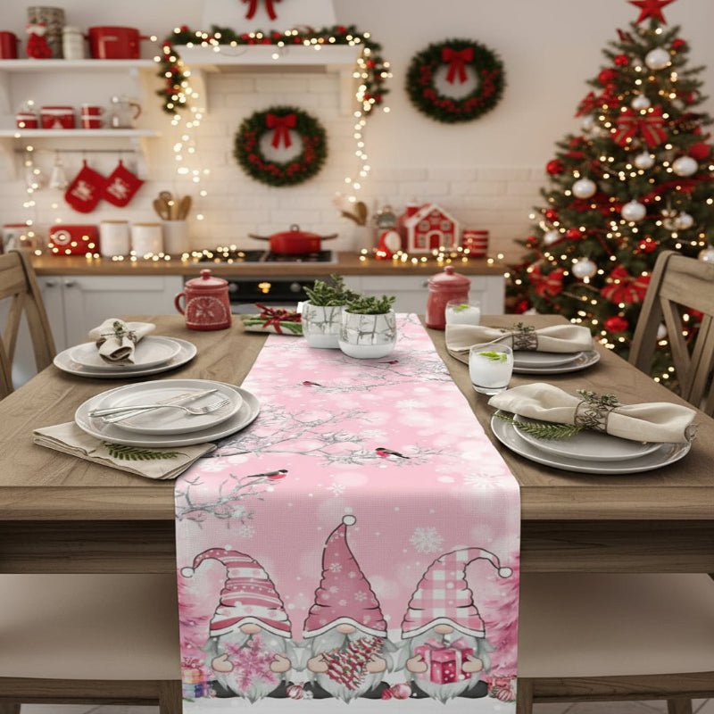 Christmas Linen Table Runner with Snowflake and Gnome Motif