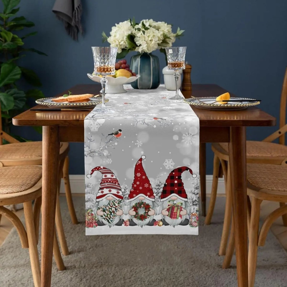 Christmas Linen Table Runner with Snowflake and Gnome Motif