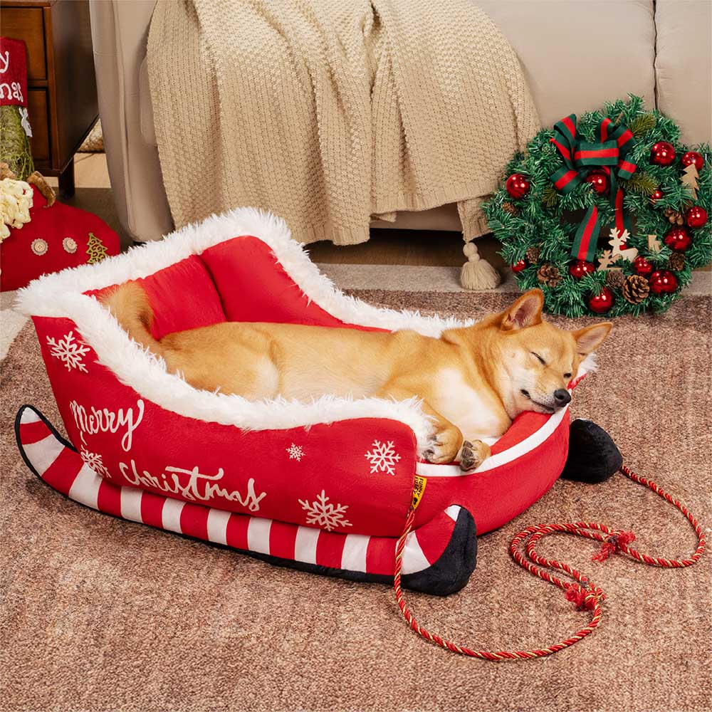 Christmas Sleigh Dog Bed in Crystal Velvet, Faux Fur & Non-Slip Base