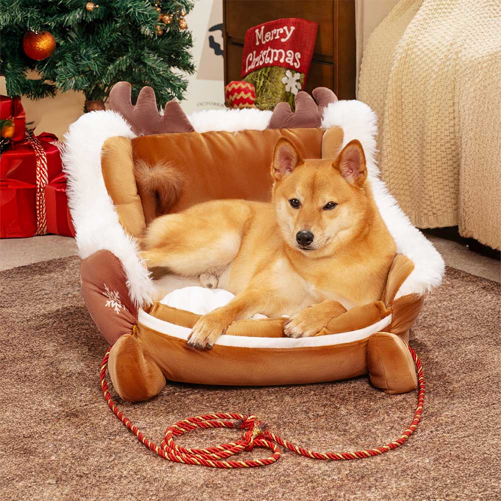 Christmas Sleigh Dog Bed in Crystal Velvet, Faux Fur & Non-Slip Base