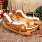 Christmas Sleigh Dog Bed in Crystal Velvet, Faux Fur & Non-Slip Base