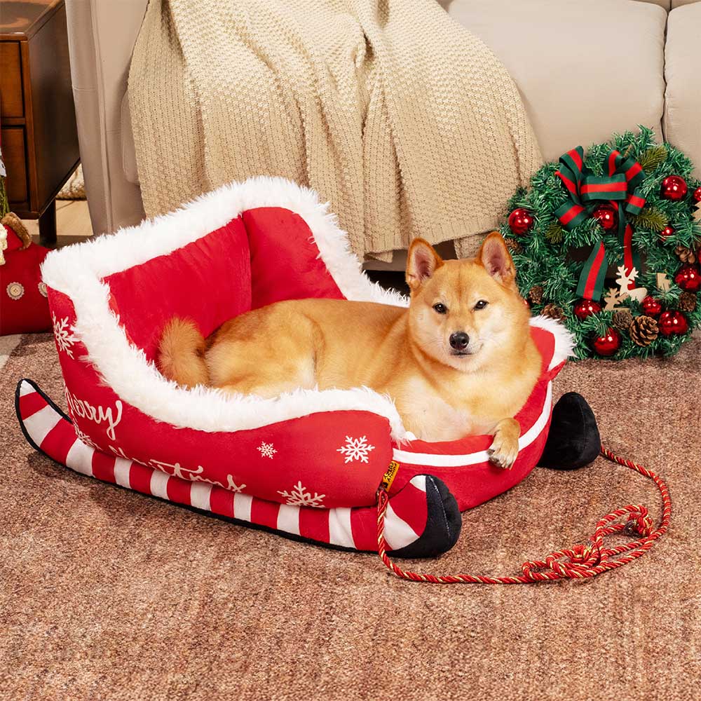 Christmas Sleigh Dog Bed in Crystal Velvet, Faux Fur & Non-Slip Base