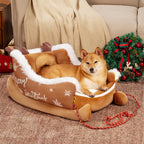 Christmas Sleigh Dog Bed in Crystal Velvet, Faux Fur & Non-Slip Base