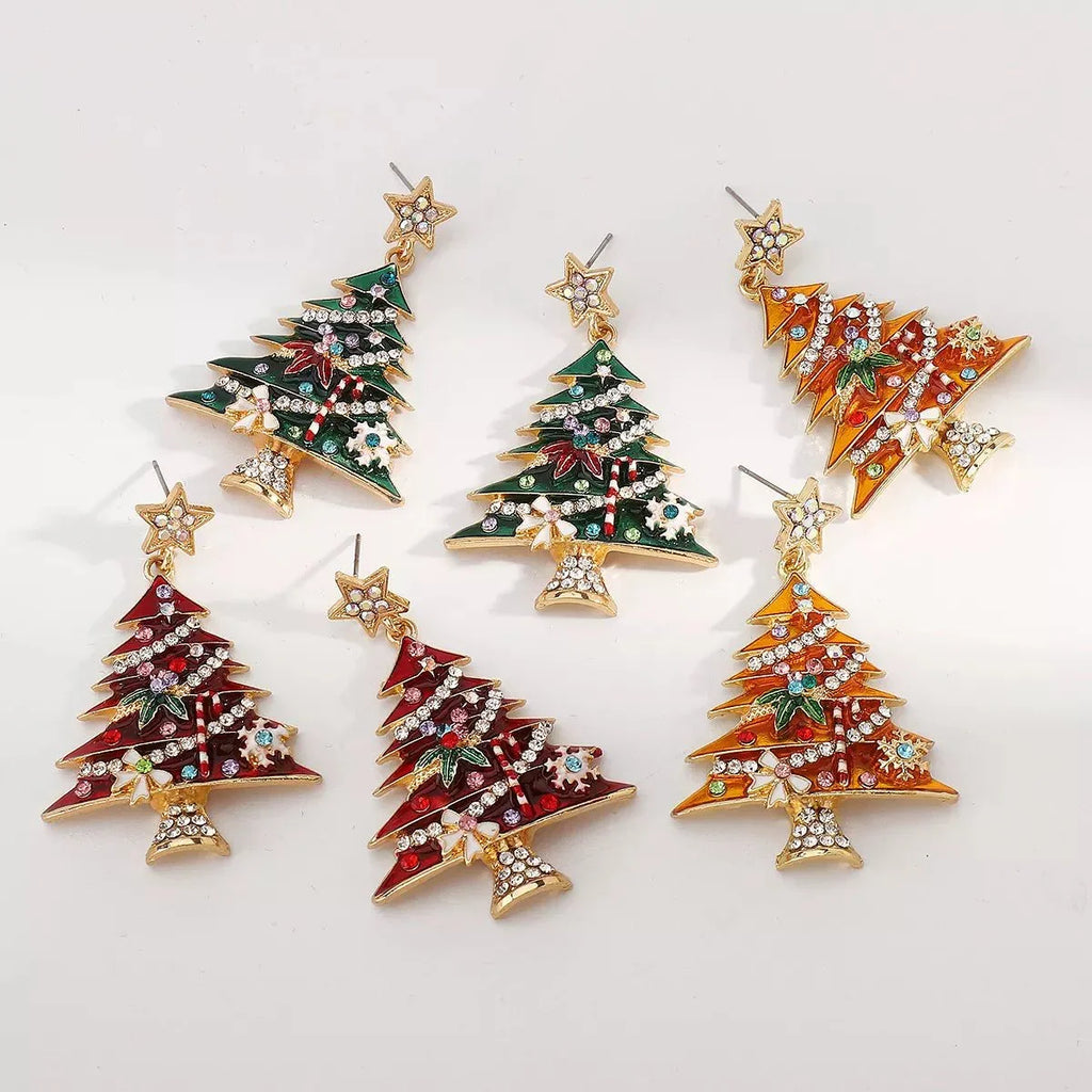 Christmas Tree Dangle Earrings, 18K Gold-Plated, 2.1 in