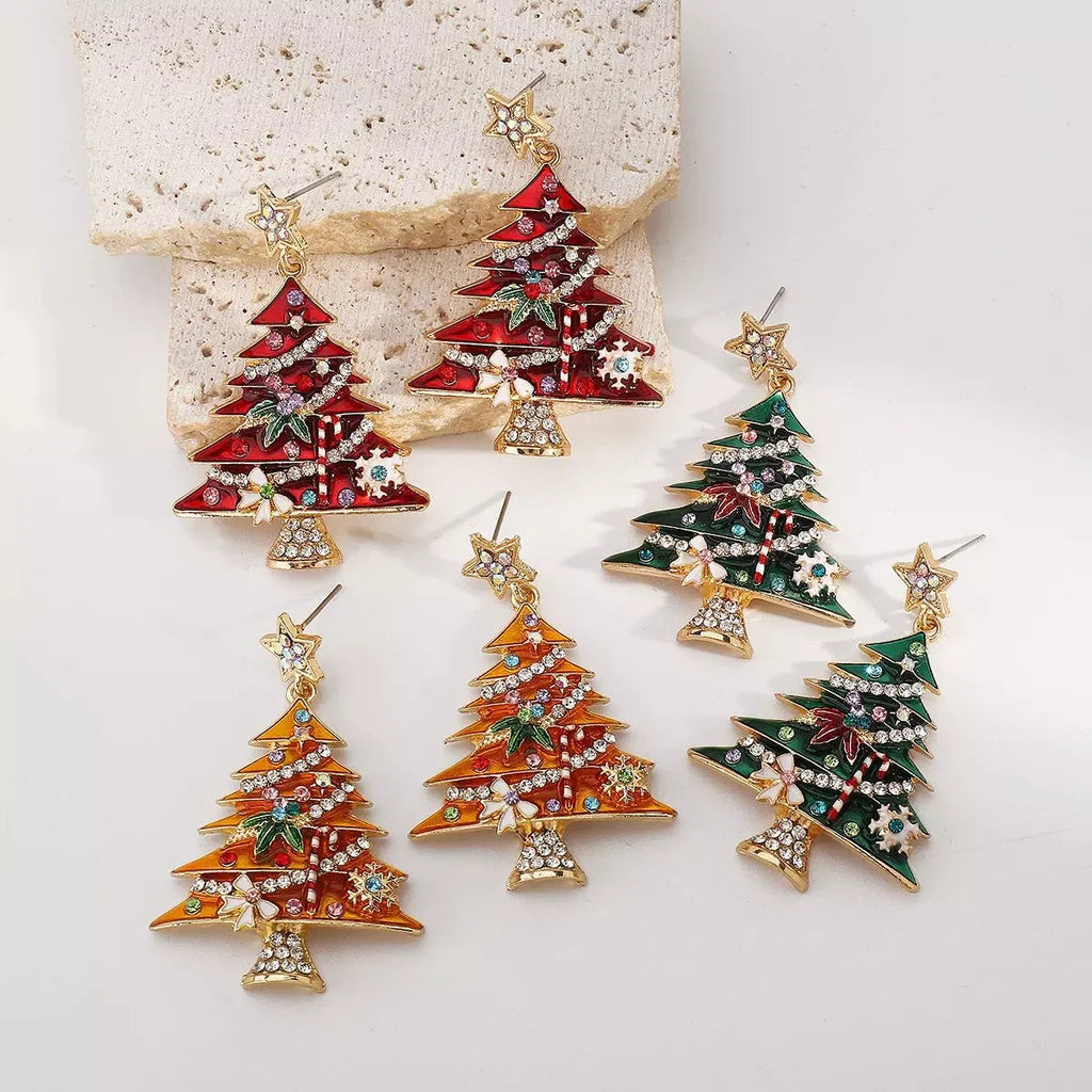 Christmas Tree Dangle Earrings, 18K Gold-Plated, 2.1 in