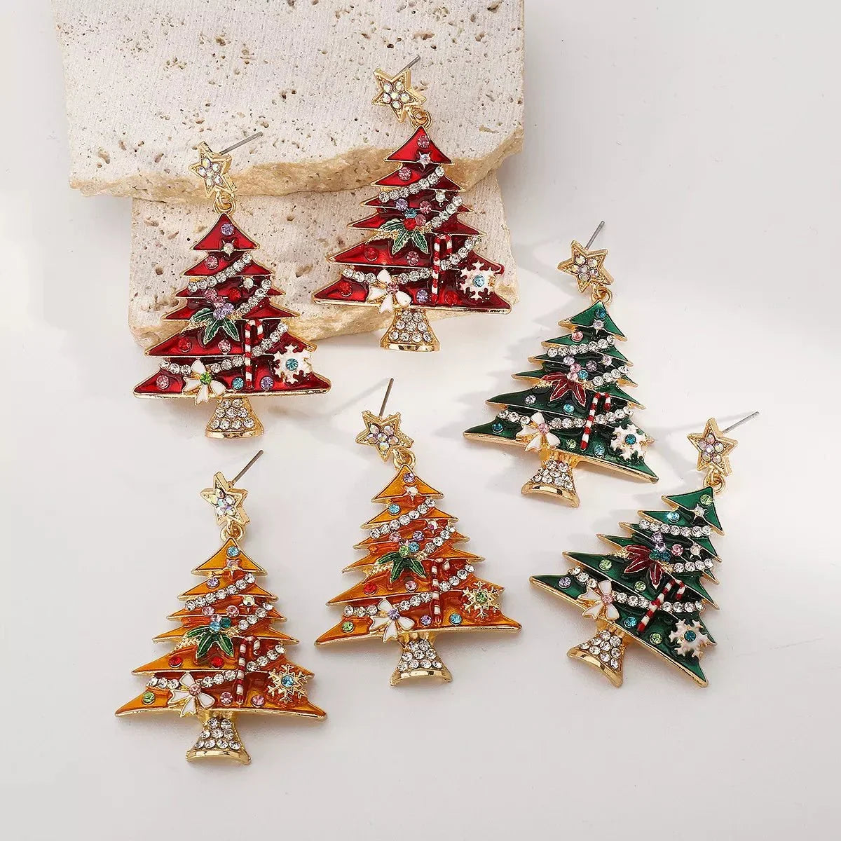 Christmas Tree Dangle Earrings, 18K Gold-Plated, 2.1 in